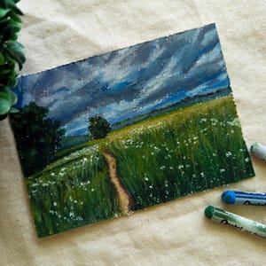 Paesaggio malinconico, dipinto di tempesta, paesaggio scuro, arte murale di tempesta, cartolina d'arte in pastelli a olio, opera d'arte originale