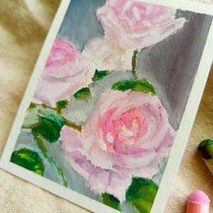 Pink Rose Painting Original Floral Art Hand Painted in Oil Pastel, Cottage Core Floral Painting