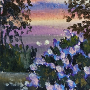 Purple Floral Landscape Art Sunset Painting Original ACEO Art, Oil Pastel Sunset Artwork Artist Card Nature Miniature