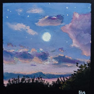 Dipinto di luna piena, cielo notturno, piccola opera d'arte, dipinto su carta nera con pastelli a olio, piccola arte moderna, arte murale