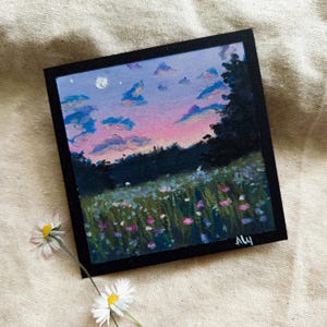Wildflower Meadow Night Landscape Art Nature Miniature Oil Pastel Landscape on Black Paper, Wildflower Field Art