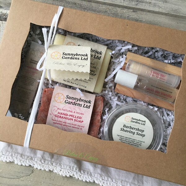 Large Sampler Gift Set of handmade All Natural Vegan Soaps, Mineral Bath Salt, Lip Balm, Lava Gloss, many colors and scents to choose
