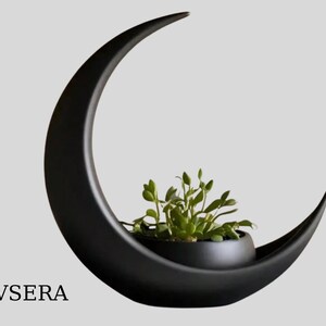 Black Crescent Moon Planter Minimalist Ceramic Succulent Pot Indoor Desk Decor