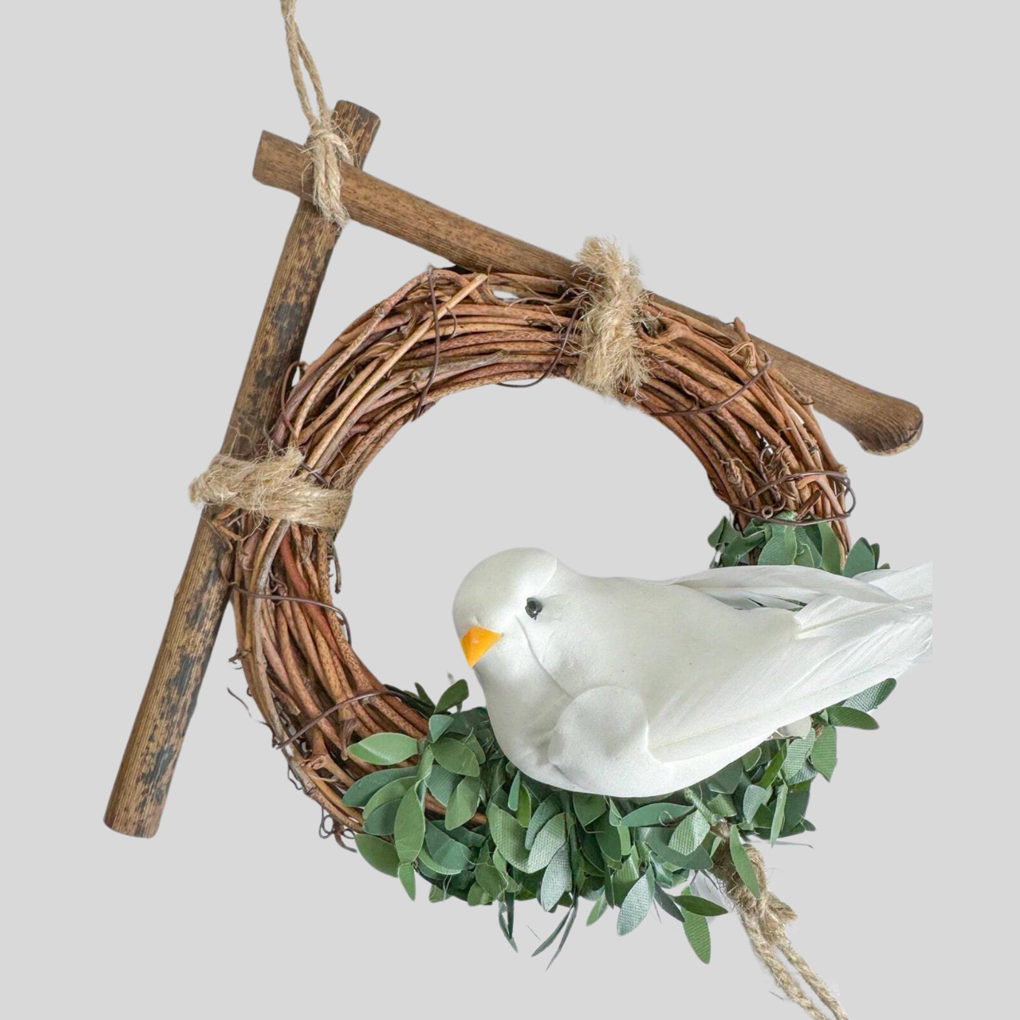 ベル付き素朴な鳥のリース：農家の鳩と緑の装飾 - Etsy 日本