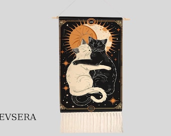Celestial Cat Tapestry Wall Hanging Black White Yin Yang Art Decor