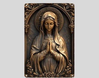 Virgin Mary Metal Sign – Catholic Home Decor, Bronze Tone Art Plaque