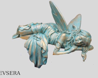 Estatua Hada Dormida Resina Turquesa Ángel Jardín Decoración Exterior Fantasía