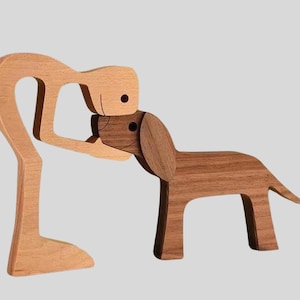 Wooden Human & Dog Sculpture: Minimalist Pet Lover Gift