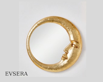 Gold Resin Crescent Moon Face Wall Mirror Decor