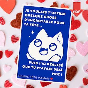 Fête des mères carte numérique personnalisable, cadeau pour maman au format 10cm x 15cm, PDF imprimable, dessin chat minimaliste
