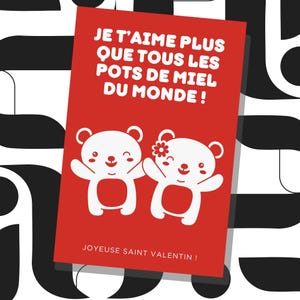 Carte de Saint-Valentin numérique personnalisable, cadeau homme ou femme au format 10cm x 15cm, PDF imprimable, dessin oursons minimaliste