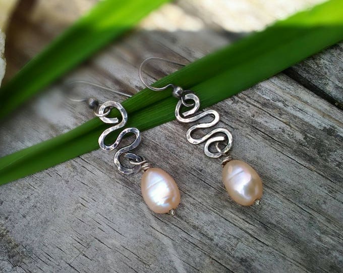 Pink Pearl & Hammered Sterling Earrings