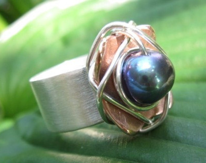 Sterling Silver-Copper Wire Wrapped Pearl Ring