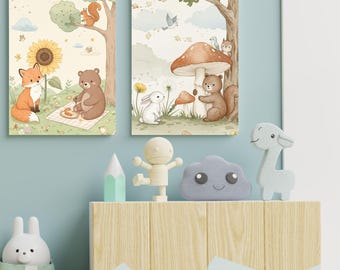 Peut inclure: Deux impressions illustrées représentant des animaux de la forêt. La première impression montre un renard, un écureuil et un ours qui pique-niquent sous un arbre. La deuxième impression montre un ours sous un champignon avec un lapin à proximité.