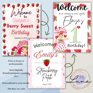 Strawberry shortcake Welcome Sign. Berry sweet Birthday party sign. Editable welcome sign.