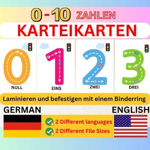 Flashcards german- 0-10 Karteikarten für Kinder – Buchstaben und Zahlen Lernen – PDF Download – Montessori Lernkarten – DE und ENG