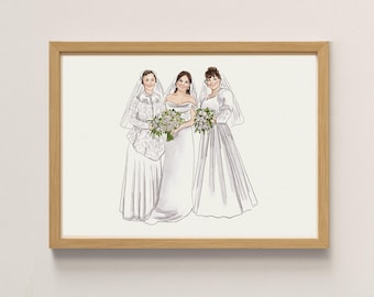 Custom Watercolor Wedding Portrait, Mother and Bride Hand-Drawn Art