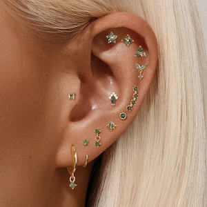Nap Earrings, Moss Agate Earrings, Rook Earring, Ear Climber Earrings, Flat Back Earring, Helix Earrings, Conch Earring,Gold Huggie Earrings
