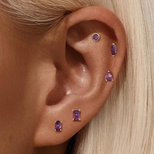 Natural Amethyst Earrings Sterling Silver Internally Threaded Flat Back Gold Plated