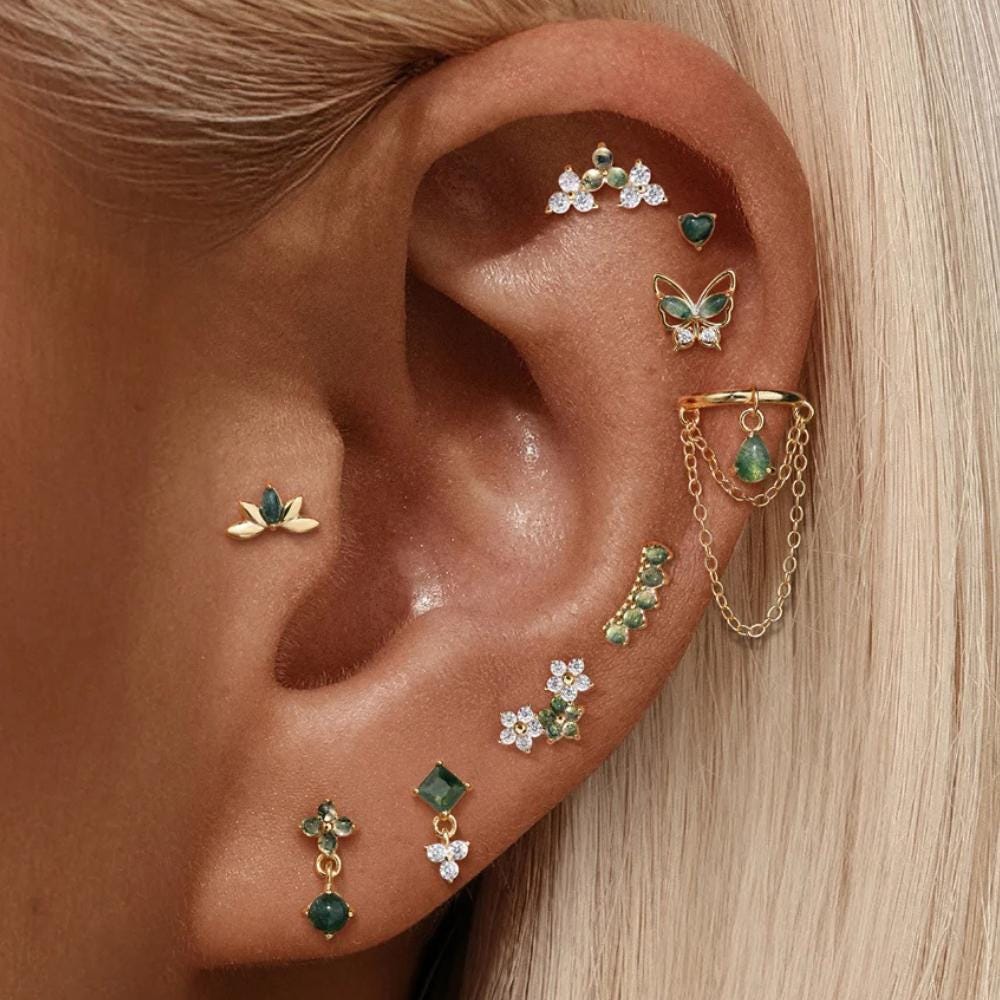 Moss Agate Earrings, Nap Earrings, Rook Earring, Ear Climber Earrings, Flat Back Earring, Helix Earring, Conch Earring, Gold Huggie Earrings