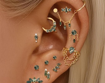 Moss Agate Earrings, Nap Earrings, Rook Earring, Ear Climber Earrings, Flat Back Earring, Helix Earring, Conch Earring, Gold Huggie Earrings