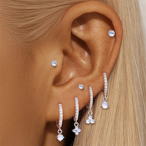 Nap Earrings, Cosmic Earrings, Flat Back Earring, Moonstone Earrings, Helix Earring, Light Blue Earrings, Conch Earring, Small Hoop Earrings