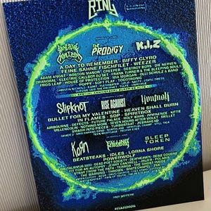 May include: A Rock am Ring festival poster with a dark blue and green colour scheme. The poster lists bands such as Slipknot, Korn, and The Prodigy. The text is white and arranged in a circular format.