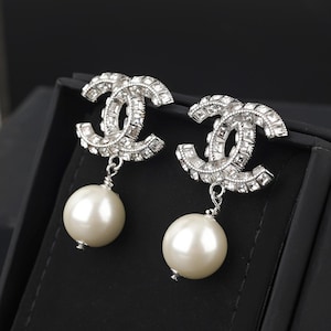 Vintage Chanel earrings, square diamond pearl silver double C earrings, birthday gift for her, earrings for women