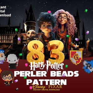 May include: Digital download featuring a "Harry Potter" Perler Beads pattern. The image includes characters and symbols from the series, with the text "83 Harry Potter Perler Beads Pattern" and "Instant Digital Download". The Disney Pixar logo is also present.