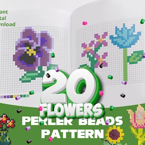 May include: An open book displaying Perler bead flower patterns. The text reads "20 FLOWERS PERLER BEADS PATTERN" and "Instant Digital Download". The patterns include a purple pansy, pink flowers, and a blue flower. Various coloured beads are scattered around.