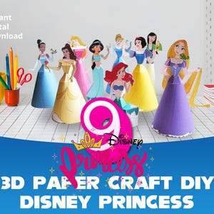9 DIY Disney 3D Paper Princesses, A4 size, Paper Craft, Snow White, Ariel, Cinderella, Jasmine, Belle, Mulan, Rapunzel, Tiana