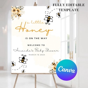 Editable A Little Honey Is On The Way Baby Shower Welcome Sign, Neutral Honey Bee Shower Welcome Poster Bumblebee Modern Printable Template