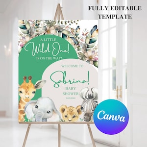Safari Baby Shower Welcome Sign, Gender Neutral Safari Jungle Animals Poster, Baby Shower Decoration, Editable Canva Template