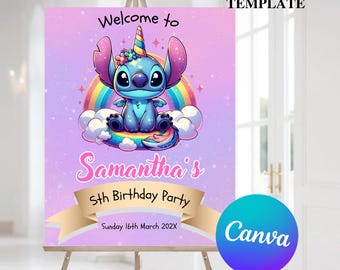 Letrero de bienvenida de cumpleaños de Stitch, póster de fiesta editable, decoración digital para fiestas infantiles, letrero de bienvenida imprimible DIY, plantilla editable