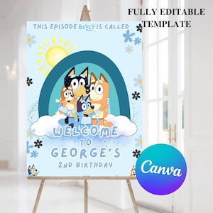 Editable Bluey Birthday Welcome Sign Bluey Party Poster Decor Instant Download Canva, Printable Welcome Board Template