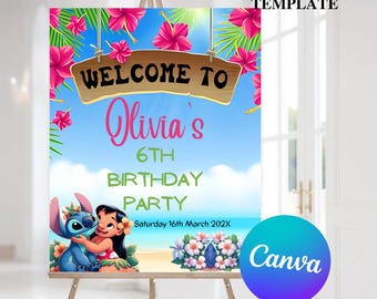 Letrero de bienvenida para fiesta de cumpleaños de Lilo Stitch, letrero de bienvenida de Stitch, letrero de bienvenida para fiesta de cumpleaños de Stitch, decoración para fiesta de Stitch, descarga digital