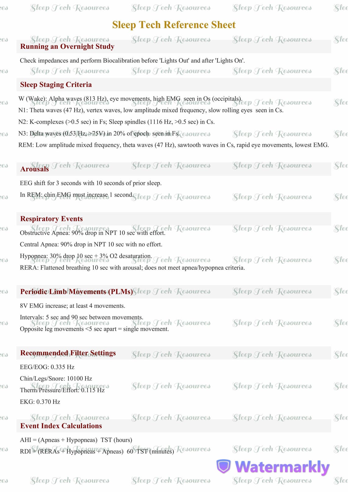 Sleep Technologist Quick Reference Sheet - Etsy