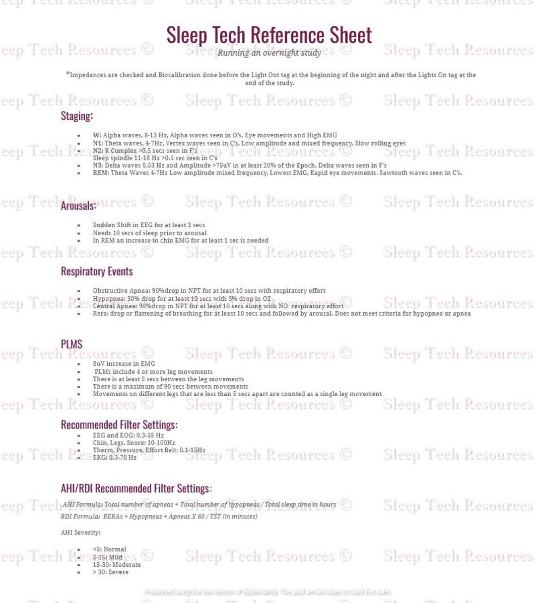 Sleep Technologist Reference Sheet - Etsy