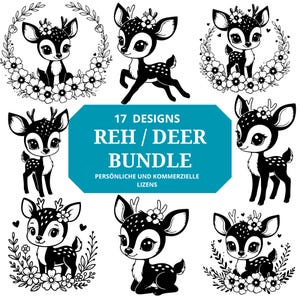 Könnte beinhalten: Eine Sammlung von 17 schwarz-weißen Hirschdesigns. Die Illustrationen zeigen Hirsche mit floralen Akzenten in verschiedenen Posen, darunter stehend, sitzend und in floralen Kränzen. Text auf einem türkisfarbenen Banner lautet "17 Designs Reh / Deer Bundle".