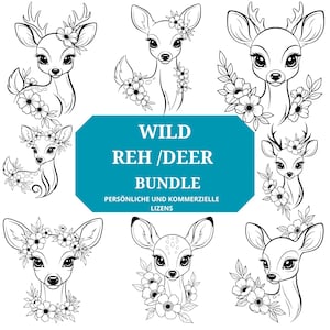 Peut inclure: Plusieurs illustrations de cerfs en noir et blanc, certaines ornées de fleurs. Le texte "WILD REH / DEER BUNDLE" et "PERSÖNLICHE UND KOMMERZIELLE LIZENS" est également présent.