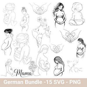 Könnte beinhalten: Ein Set mit 15 Schwarzweiß-Linienzeichnungen von schwangeren Frauen, Babys und Herzen. Die Illustrationen eignen sich perfekt für die Erstellung digitaler oder physischer Produkte wie Grußkarten, Einladungen, T-Shirts, Tassen und mehr. Der Text "Mama" ist im Bild enthalten.