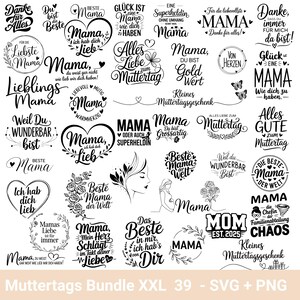 Op de afbeelding: Een verzameling zwart-witte grafische ontwerpen met tekst, waaronder zinnen als 'Beste mama', 'Ik hou van je mama' en 'Fijne Moederdag'. De ontwerpen zijn in verschillende stijlen, zoals harten, bloemenkransen en silhouetten.