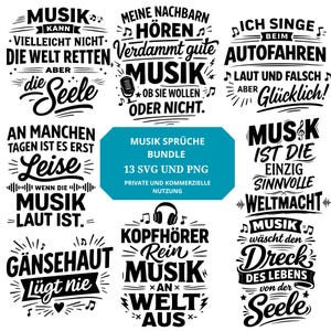 Puede incluir: Un conjunto de diseños SVG y PNG en blanco y negro con temática musical. Los diseños presentan frases como "La música no puede salvar el mundo, pero sí el alma" y "La música es el único poder mundial significativo."