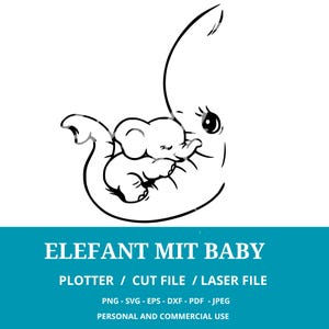 Könnte beinhalten: Schwarz-Weiß-Linienzeichnung eines Elefanten, der einen Baby-Elefanten hält. Das Bild enthält den Text "ELEFANT MIT BABY" und Details zu den verfügbaren Dateitypen: PNG, SVG, EPS, DXF, PDF und JPEG. Das Bild ist für den persönlichen und kommerziellen Gebrauch.