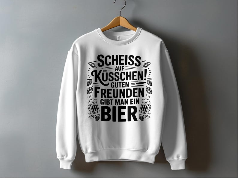 German Quote Sweatshirt, White Crewneck, Fun Beer and Friends Graphic Print Pullover, Unisex Casual Fashion Top
