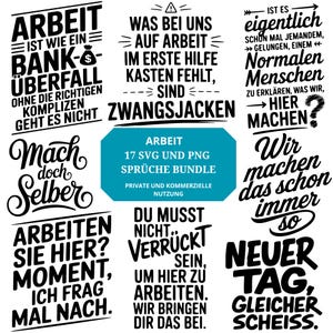 Könnte beinhalten: Eine Sammlung von schwarz-weißen Grafiken mit verschiedenen Sprüchen über Arbeit. Die Designs enthalten Texte wie „Arbeit ist wie ein Banküberfall“ und „Mach doch selber“. Das Bild enthält auch ein türkisfarbenes Rechteck mit dem Text „ARBEIT 17 SVG UND PNG SPRÜCHE BUNDLE“.