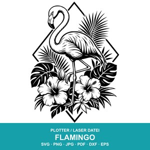 Könnte beinhalten: Schwarz-weiße Illustration eines Flamingos, umgeben von tropischen Blättern und Hibiskusblüten, in einem Diamantenrahmen. Das Wort "FLAMINGO" wird darunter zusammen mit Dateitypoptionen angezeigt.