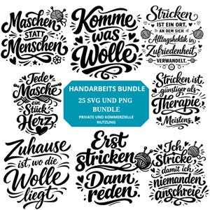 Könnte beinhalten: Eine Sammlung von schwarz-weißen SVG- und PNG-Dateien mit Strick-Zitaten. Die Designs enthalten Sätze wie "Komm was Wolle" und "Stricken ist günstiger als Therapie". Das Bundle enthält 25 Dateien für private und kommerzielle Nutzung.