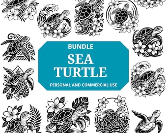 May include: A collection of black and white sea turtle illustrations. The designs include turtles with floral accents, waves, and geometric shapes. The text "BUNDLE SEA TURTLE" is displayed on a teal background, with "PERSONAL AND COMMERCIAL USE" below.