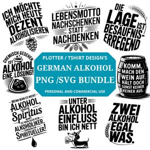 Puede incluir: Un conjunto de diseños alemanes en blanco y negro con frases sobre el alcohol. Incluye texto como "German Alkohol PNG/SVG Bundle" y varias frases, junto con ilustraciones de un barril, un frasco y un perro.